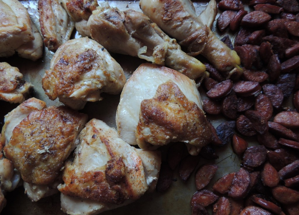 Seared chicken and roasted linguica