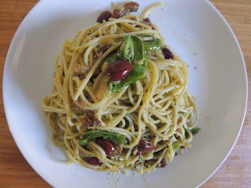 Olive, bacon and shishito pepper spaghetti